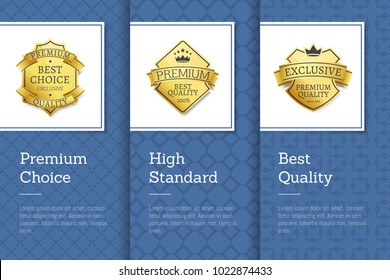 High standard premium choice best quality emblem vector posters set on blue backdrop, guarantee assurance seal of best product, vip membership sign