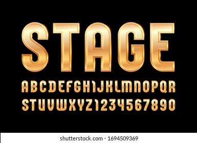 High steel font of golden style, trendy glossy alphabet, aureate Latin letters from A to Z and Arab numbers from 0 to 9 for you designs, vector illustration 10EPS