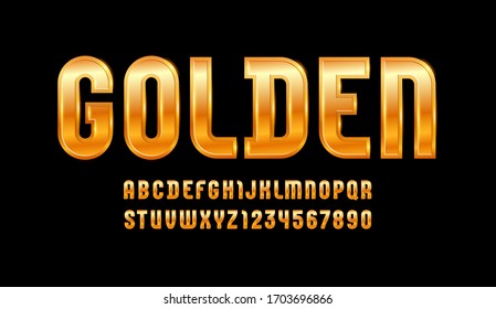 High steel font of golden style, trendy glossy alphabet, aureate Latin letters from A to Z and Arab numbers from 0 to 9 for you designs, vector illustration 10EPS