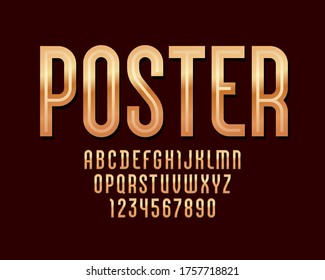 High steel font of golden style, trendy glossy alphabet, Latin letters from A to Z and Arab numbers from 0 to 9 for you designs, vector illustration 10EPS
