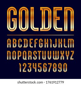 High steel font of golden style, trendy glossy alphabet, Latin letters from A to Z and Arab numbers from 0 to 9 for you designs, vector illustration 10EPS