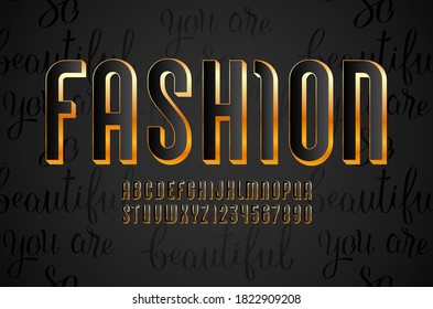 High steel font of golden style, trendy gold alphabet, Latin letters from A to Z and Arab numbers from 0 to 9 for you designs, vector illustration 10EPS