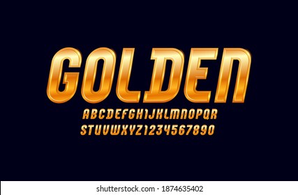 High steel font of golden style, trendy glossy alphabet, italic Latin letters from A to Z and Arab numbers from 0 to 9 for you designs, vector illustration 10EPS