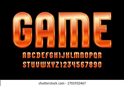 High steel font of orange style, trendy glossy alphabet, trendy Latin letters from A to Z and Arab numbers from 0 to 9 for you designs, vector illustration 10EPS