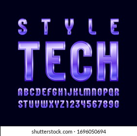 High steel font of purple style, trendy glossy alphabet, bright Latin letters from A to Z and Arab numbers from 0 to 9 for you designs, vector illustration 10EPS