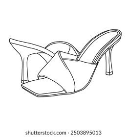 Women’s High Stilettos Heels Mules Open Square Toe Slip On Comfort Line Art, Technical sketch hand drawing outline vector doodle illustration, side and rear isolated on white background