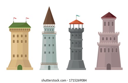 High Stone Towers with Castellation Walls and Windows Vector Set