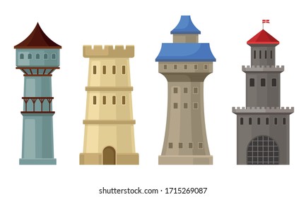 High Stone Towers with Castellation Walls and Windows Vector Set