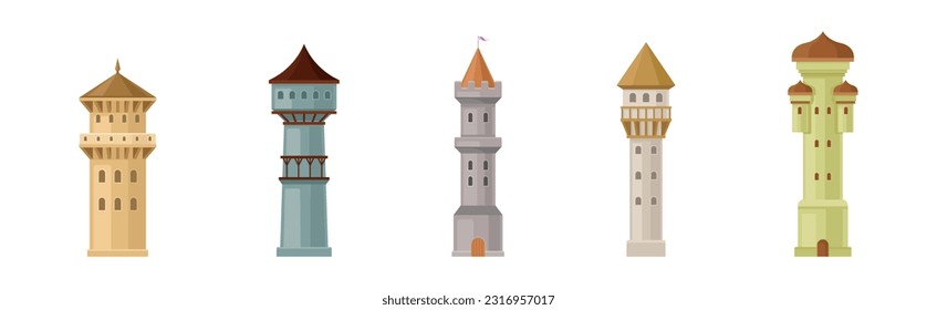 High Stone Towers with Pointed Roof and Flag on Top Vector Set