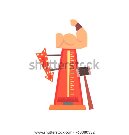 High striker attraction with big hammer, arrow with lights and muscular arm. Strength tester or strongman game. Amusement park. Flat vector for flyer or banner