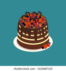 High striped berry cake with a white layer and dark biscuit cake layers. Poured on top of chocolate, decorated with assorted strawberries, blueberries, cherries. white round plate. Vector illustration
