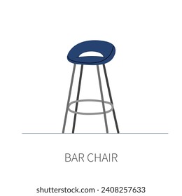 High stylish kitchen bar chair on metal legs with soft blue seat. Isolated chair on white background front view.