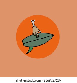 High surf on a orange background,hand and surfboard logo or print for tshirt