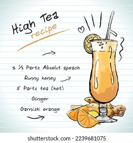 Teekocktail, handgezeichnete Vektorgrafik, frischer Sommeralkohol mit Rezept und Obst