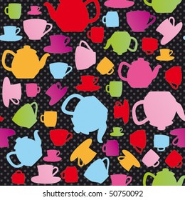 High tea pattern of cups and teapots in vector