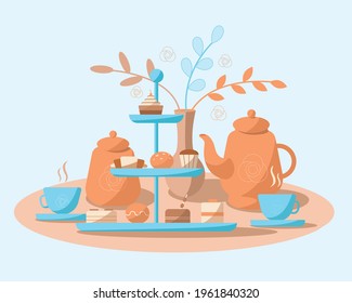 High tea with sweets and flowers vector illustration in calm colors isolated on blue background. For cards, print, design, decoration, stickers, apparel, t shirt, restaurant menu, store, advertising.