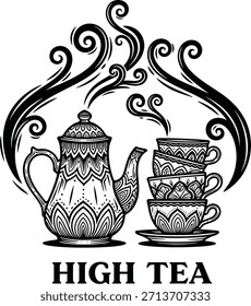 Alta tipografía de té con tetera y taza para el logotipo de la cafetería, insignia de bebida caliente, emblema de desayuno inglés y aislado en la ilustración gráfica de cocina transparente