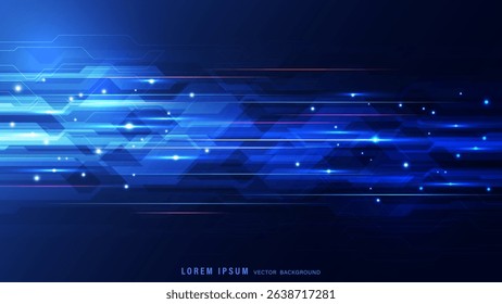 High tech abstract background featuring dynamic glowing blue lines, sparkle effect, and layered geometric shapes on dark blue gradient. Vector illustration