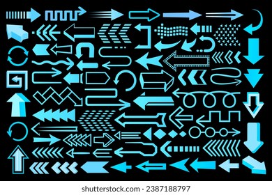 High tech arrow set. Collection of blue arrows for technological, futuristic, scientific designs. Pointer, cursor, navigational and directional arrow icons.