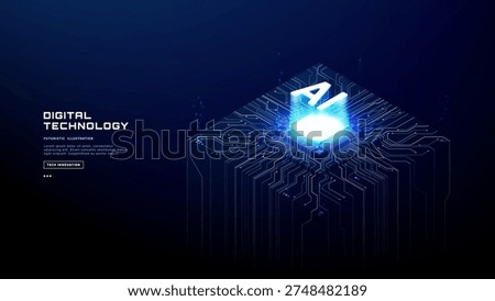 High tech artificial intelligence processor with holographic glow. Isometric CPU on motherboard, abstract technology background for data, neural network and automation. Vector illustration