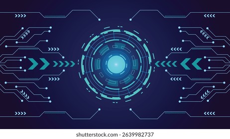 High tech background featuring a glowing circular interface and circuit lines on dark blue, ideal for digital, data, AI, or cyber themes in presentations and tech projects