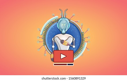 high tech badge shaped video channel profile logo with alien robot character-stock vector
