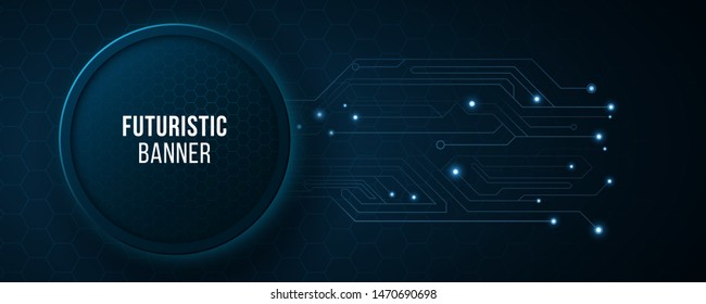High tech banner with computer circuit. Modern tech design. Blue neon honeycombs. Abstract glowing lights. Vector illustration. EPS 10