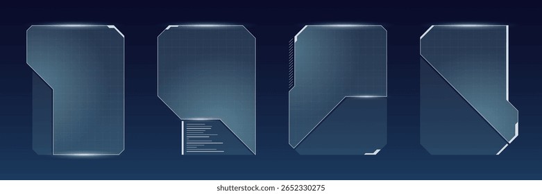 Tela de HUD azul de alta tecnologia para streamers on-line. Layout futurista com quadros de painel brilhantes, botões digitais e interface de ficção científica abstrata. Ideal para transmissões de vídeo cyberpunk.