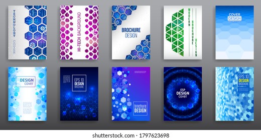 High tech brochure design concept. Futuristic business layout. Abstract technology cover with hexagon elements.