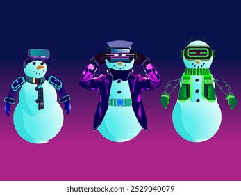 High tech christmas snowman in virtual reality glasses and cyberpunk costume with ice lanterns isolated purple background vector illustration