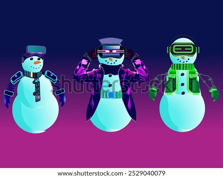 High tech christmas snowman in virtual reality glasses and cyberpunk costume with ice lanterns isolated purple background vector illustration
