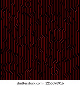 High tech circuit board background. Dark red and black technic backdrop. Detailed circuit board pattern. 