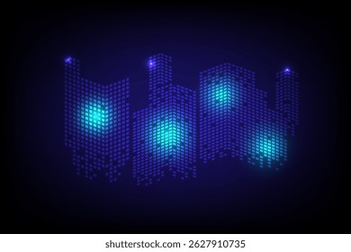 A high tech city skyline illustration composed of small glowing squares, creating a digital, futuristic feel with blue neon lighting on black