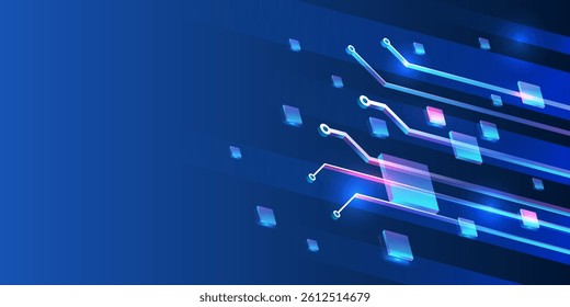 High tech concept. Futuristic technology background with glowing circuit elements and 3D blocks on a blue gradient. Abstract digital concept design perfect for tech, innovation, and electronic themes