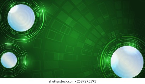 High tech cover, internet communication on a green background. High computer technology design. Modern science vector presentation. Abstract circles and glows futuristic concept.