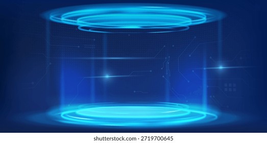 High tech data podium with AI hologram effects and blue portal. Modern 3D platform with digital interface elements and tech lighting. Futuristic stage design in virtual reality, cyberpunk aesthetics