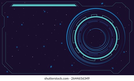 High tech digital background with glowing circular HUD elements and outer space star field for sci fi and UI themes