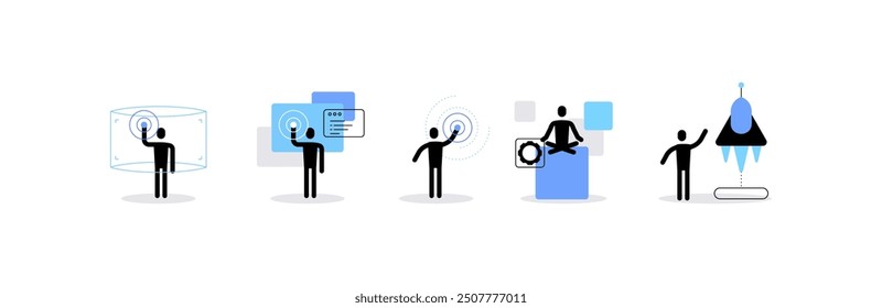 High tech and digital specialists. Human silhouettes and modern professions concepts. Set of icons, flat doodles, infographic elements. Vector file.