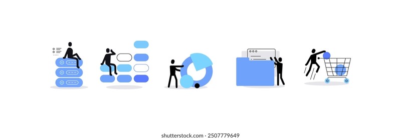 High tech and digital specialists. Human silhouettes and modern professions concepts. Set of icons, flat doodles, infographic elements. Vector file.