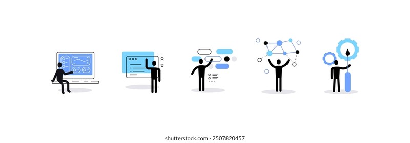 High tech and digital specialists. Human silhouettes and modern professions concepts. Set of icons, flat doodles, infographic elements. Vector file.