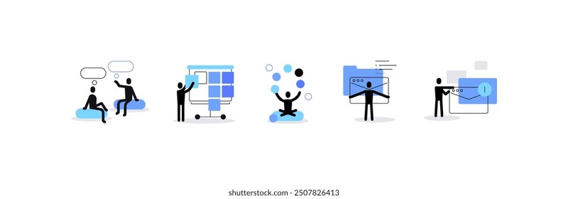 High tech and digital specialists. Human silhouettes and modern professions concepts. Set of icons, flat doodles, infographic elements. Vector file.