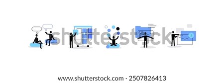 High tech and digital specialists. Human silhouettes and modern professions concepts. Set of icons, flat doodles, infographic elements. Vector file.