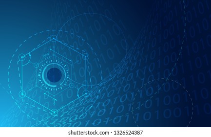 High tech digital technology abstract lines and geometrical lines neon light, circles, wave, swirling, with the cyan symbols and numbers numeric business 