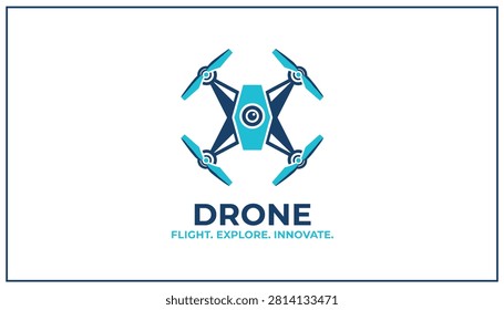 High tech drone logo design template featuring a sleek blue quadcopter icon with camera lens and professional text.