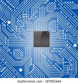 High tech electronic circuit board with processor on blue background ,Vector illustration