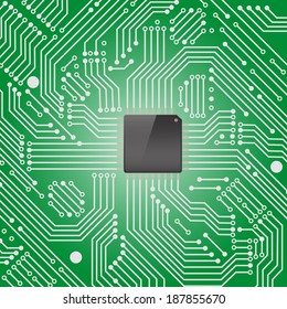 High tech electronic circuit board with processor on green background ,Vector illustration