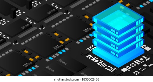 High tech electronic PCB Printed circuit board with processor, microchips and glowing digital electronic signals. The processor on the integrated circuit. Energy lines neon. 3d illustration