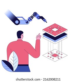 High Tech Factory Engineer Use Computer For Programming Microchips And Processors Developing Modern Technology For Medical And High Precision Electronics Industrial Concept Vector Illustration