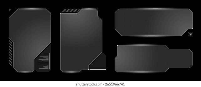 High tech futuristic HUD frame set with abstract sci fi dashboard, glowing lines and cyber display. VR interface mixes modern data layout with holographic control visuals.