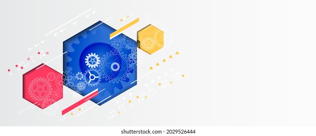 High tech geometric background consisting of gears, hexagons and technological elements on a gray background. Modern bright futuristic design. 